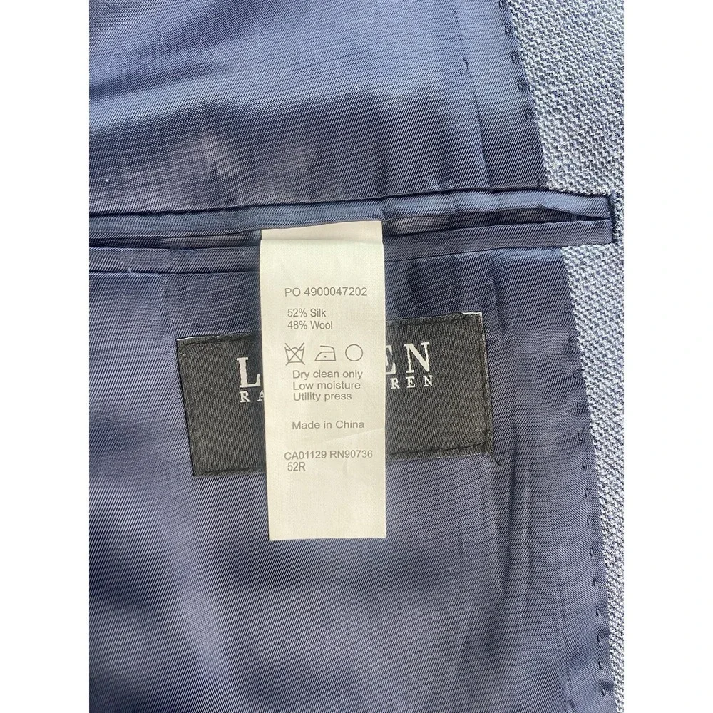 Lauren Ralph Lauren Suit Jacket 52 R Blue Silk Wool Luxury Designer Black Label